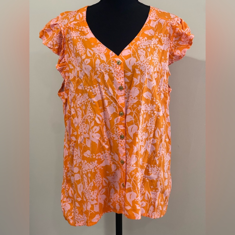 New Kiwi Fresh XL Floral Orange Button-Up V Neck‎ Blouse 445